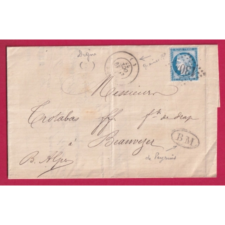N°60 GC 1304 DIGNE BASSES ALPES SANS DEPARTEMENT BOITE MOBILE BM DE PEYRUIS 1873 BEAUVEZER LETTRE COVER FRANCE