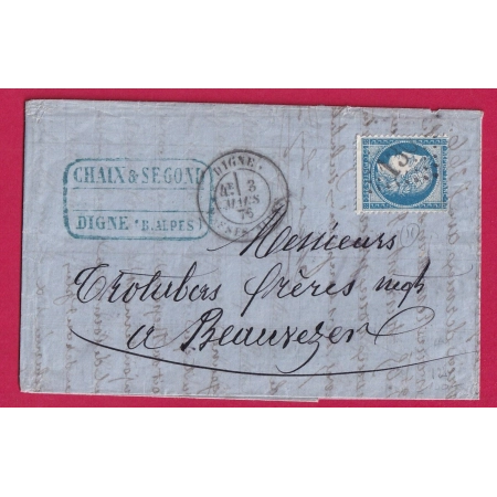 N°60 GC 1304 + CAD TYPE 18 DIGNE BASSES ALPES POUR BEAUVEZER LETTRE COVER FRANCE