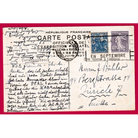 ENTIER SEMEUSE 40C VIOLET + N°257 JEANNE D'ARC EXPO PHILATEIQUE STRASBOURG TARIF 90C SUISSE 1937 LETTRE COVER FRANCE