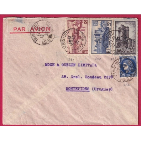N°372 391 392 393 PARIS 1938 POUR MONTEVIDEO URUGUAY LETTRE COVER FRANCE