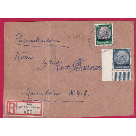 ALSACE LORRAINE LOTHRINGEN METZ VOR DEN BRUCKEN MOSELLE RECOMMANDE 1941 MANNHEIN ALLEMAGNE LETTRE COVER FRANCE