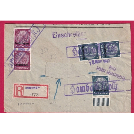ALSACE LORRAINE LOTHRINGEN HAMBACH MOSELLE RECOMMANDE 1940 POUR METZ LETTRE COVER FRANCE