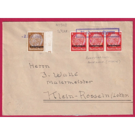 ALSACE LORRAINE LOTHRINGEN RODEMACK MOSELLE 1941 POUR PETIT ROSELLE LETTRE COVER FRANCE