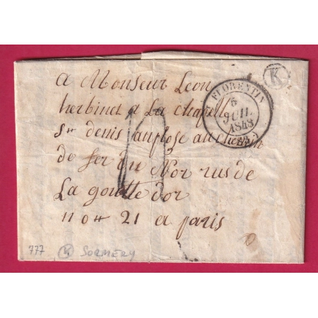 CAD TYPE 14 ST FLORENTIN YONNE BOITE RURALE K SORMERY POUR PARIS 1848 LETTRE COVER FRANCE