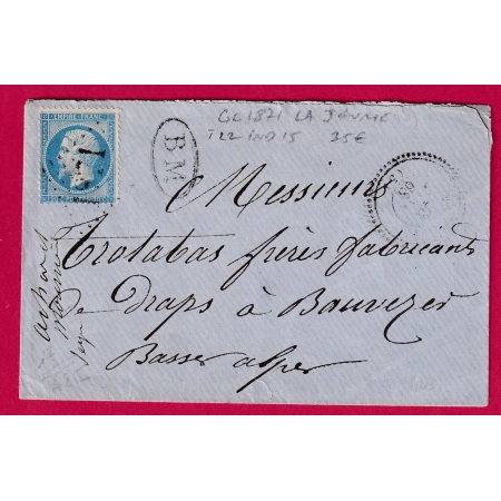 N°22 GC 1871 LA JAVIE BASSES ALPES CAD TYPE 22 + BM INDICE 15 POUR BEAUVEZER LETTRE COVER FRANCE
