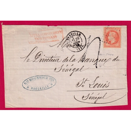 N°31 GC 2240 MARSEILLE POUR ST LOUIS SENEGAL TAXE TAMPON 4 AFFRANCH INSUFFISANT DEVANT DE LETTRE COVER FRANCE