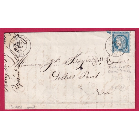 N°60 CAD BEAUVEZER BASSES ALPES CAD TYPE 17 POUR SOLLIES PONT VAR LETTRE COVER FRANCE