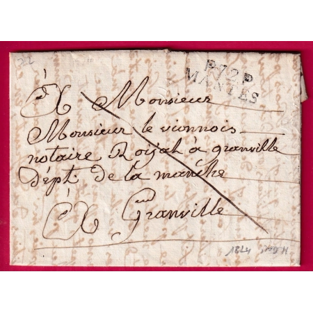 MARQUE P72P MANTES SEINE ET OISE POUR GRANVILLE MANCHE 1824 INDICE 11 LETTRE COVER FRANCE
