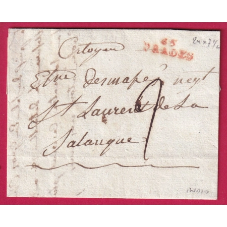 MARQUE 65 PRADES PYRENEES ORIENTALES EN ROUGE POUR ST LAURENT DE LA SALANQUE LETTRE COVER FRANCE