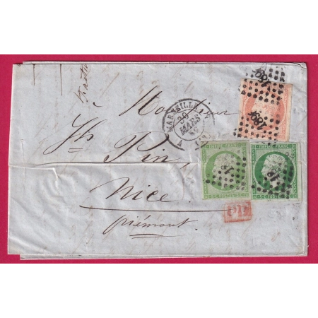 N°16 12 X2 MARSEILLE POUR NICE ALPES MARITIMES ETATS SARDE DEUX NUANCE DE COULEUR SUR LES N° 12 LETTRE COVER FRANCE