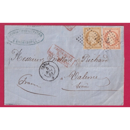 N°21 23 OBLITERATION ANCRE BATEAU POSTE GANGE POUR VALENCE DROME 1861 DEPART ANDRINOPLE TURQUIE LETTRE COVER FRANC