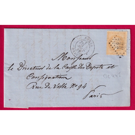 N°28 GC 445 PARIS BERCY POUR PARIS RECETTES REUNIES 1869 LETTRE COVER FRANC