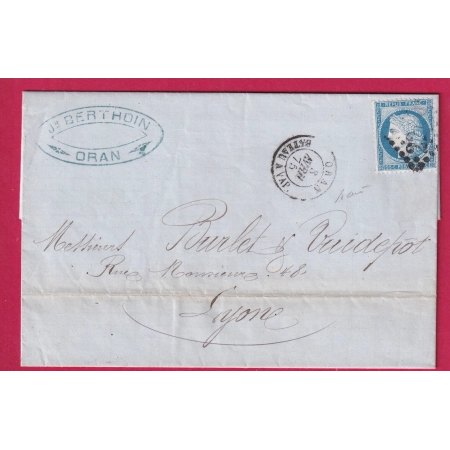N°60 ORAN BATEAU A VAPEUR ALGERIE GC2240 MARSEILLE POUR LYON SIGNE BAUDOT LETTRE COVER FRANCE
