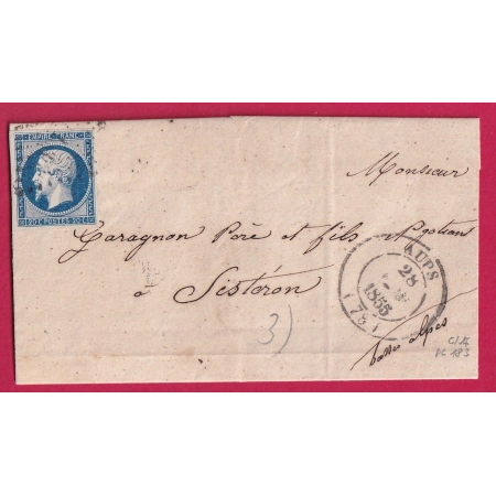 N°14 PC 183 CAD TYPE 14 AUPS VAR POUR SISTERON BASSES ALPES LETTRE COVER FRANCE