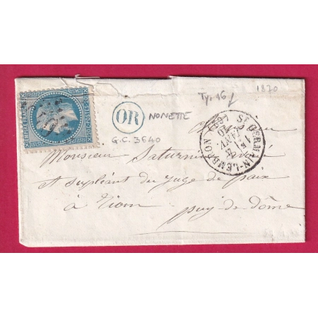 N°29 GC 3640 ST GERMAIN LEMBRON PUY DE DOME OR EN BLEU NONETTE POUR RIOM LETTRE COVER FRANCE