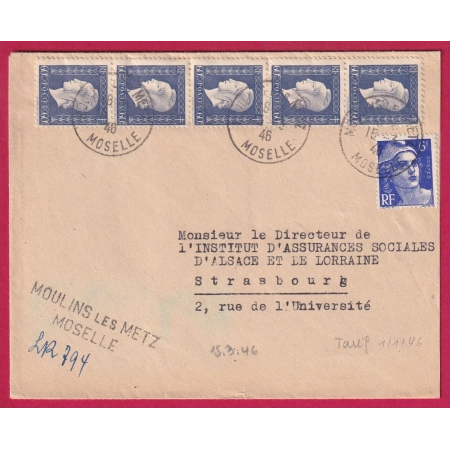 N°686 720 RECOMMANDE PROVISOIRE MOULINS LES METZ MOSELLE 1946 POUR STRASBOURG LETTRE COVER FRANCE DULAC GANDON