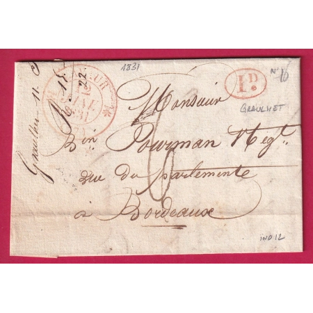 CAD TYPE 12 EN ROUGE LAVAUR TARN DECIME RURAL GRAULHET 1831 POUR BORDEAUX LETTRE COVER FRANCE