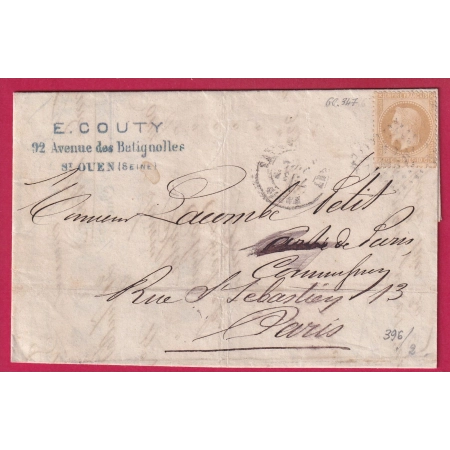 N°28 GC 347 LES BATIGNOLLES ST OUEN POUR PARIS RECETTE REUNIES BELLE FACTURE LETTRE COVER FRANCE