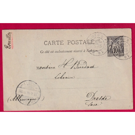 ENTIER SAGE 10C REPIQUE LIBRAIRIE BOUILLON PARIS ILLUSTREE CHEVAL DRESDE ALLEMAGNE 1896 LETTRE COVER FRANCE