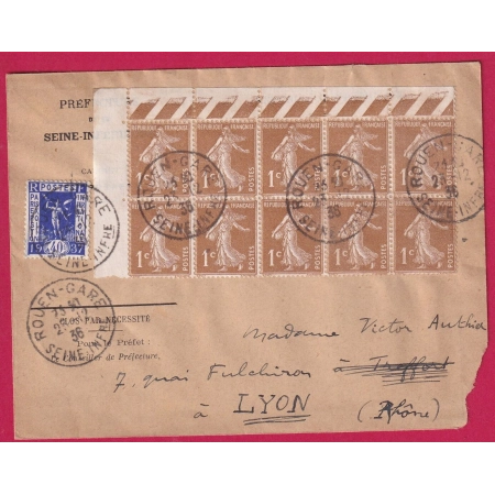 N°277B BLOC DE 10 + 324 ROUEN SEINE INFERIEURE POUR TREFFORT AIN PUIS LYON 1936 LETTRE COVER FRANCE