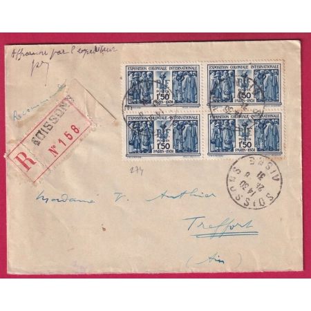 N°274 BLOC DE 4 RECOMMANDE SOISSONS AISNE POUR TREFFORT AIN LETTRE COVER FRANCE