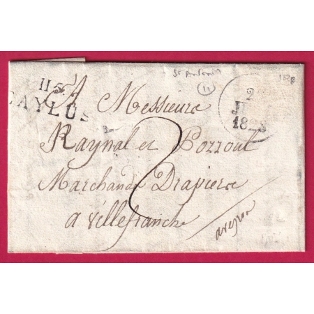 MARQUE 115 CAYLUS LOT ET GARONNE TEXTE DE ST ANTONIN 1828 VILLEFRANCHE AVEYRON INDICE 11 LETTRE COVER FRANCE