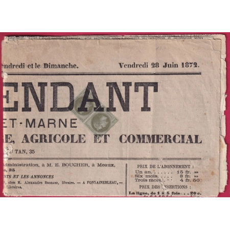 N°25 PAIRE ANNULATION TYPO JOURNAL COMPLET INDEPENDANT DE SEINE ET MARNE MEAUX 1872 LETTRE COVER FRANCE
