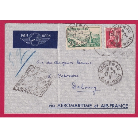 N°283 301 AIR FRANCE AEROMARITIME 1937 HAGUENAU BAS RHIN COTONOU DAHOMEY LETTRE COVER FRANCE
