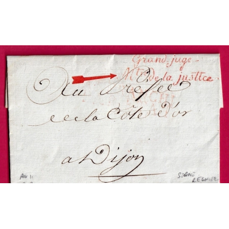 FRANCHISE GRAND JUGE MINISTRE DE LA JUSTICE 1803 AN11 SIGNE REGNIER COMTE D'EMPIRE POUR DIJON COTE D'OR LETTRE FRANCE
