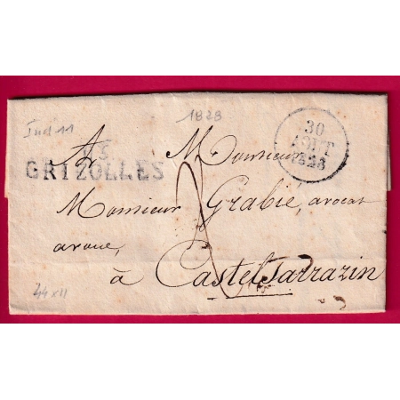 MARQUE 115 GRIZOLLES TARN ET GARONNE 1828 POUR CASTELSARRAZIN INDICE 11 LETTRE COVER FRANCE