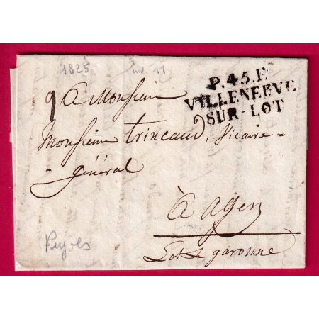 MARQUE P45P VILLENEUVE SUR LOT ET GARONNE POUR AGEN 1825 LETTRE COVER FRANCE