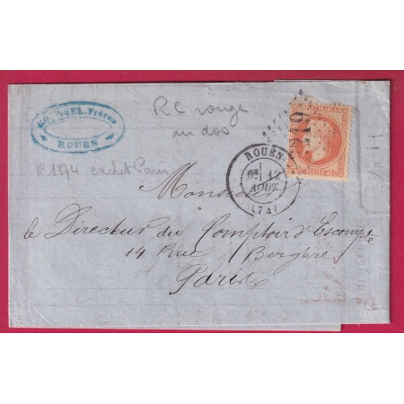 N°31 GC 3219 ROUEN SEINE INFERIEURE AU DOS PARIS RC EN ROUGE LETTRE COVER FRANCE