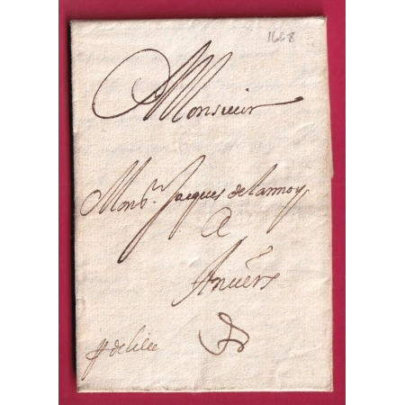 MARQUE DE LILLE NORD 1668 AMELIORATION DE DATE POUR ANVERS BELGIQUE LETTRE COVER FRANCE
