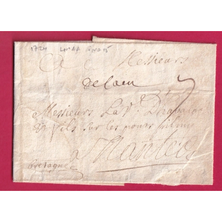 MARQUE MANUSCRIT DE CAEN CALVADOS 1724 POUR NANTES LOIRE INFERIEURE 1724 LENAIN N° 1A INDICE 15 LETTRE COVER FRANCE