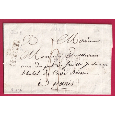 MARQUE 26 BEAUMONT LE ROGER EURE 1816 POUR PARIS INDICE 8 LETTRE COVER FRANCE