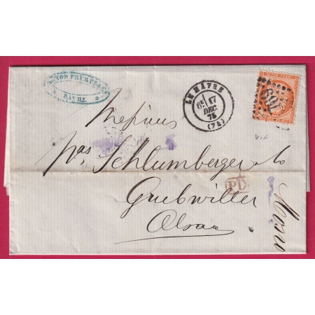 N°38 ORANGE VIF GC 1769 LE HAVRE SEINE INFERIEURE POUR GUEBWILLER ALSACE LORRAINE ALLEMAGNE LETTRE COVER FRANCE
