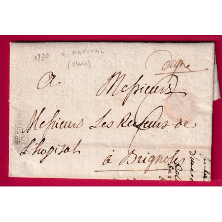 MARQUE MANUSCRIT DIGNE BASSES ALPES AU DOS CACHET DE CIRE HOPITAL DE DIGNE 1770 LETTRE COVER FRANCE
