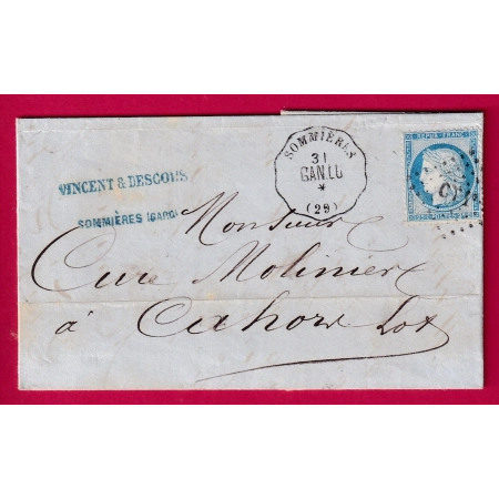 N°60 CONVOYEUR STATION SOMMIERES GARD LIGNE GAN.LU INDICE 14 POUR CAHORS LOT ETIQUETTE PUB LETTRE COVER FRANCE