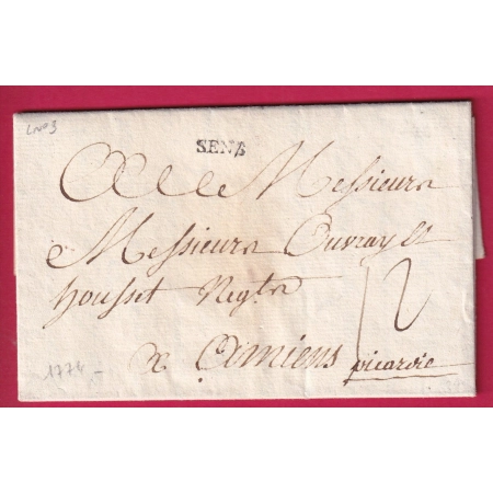 MARQUE SENS YONNE LENAIN N°3 1774 POUR AMIENS SOMME LETTRE COVER FRANCE