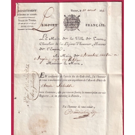 MARQUE DEBOURSE DEB DE MACON SAONE ET LOIRE 1814 DEPART TOURS INDICE 18 INDRE ET LOIRE TEXTE MAIRE DE TOURS LETTR FRANCE