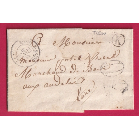 CAD TYPE 15 ROSNY SUR SEINE ET OISE 1855 BOITE RURALE K TIRON BREVAL POUR LES ANDELYS TAXE TAMPON 30C LETTRE COVER FRANCE
