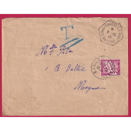 POSTE AUTOMOBILE LAVAL ANNEXE CPN°37 MAYENNE TAXE 3FR BALLE MAYENNE 1943 LETTRE COVER FRANCE