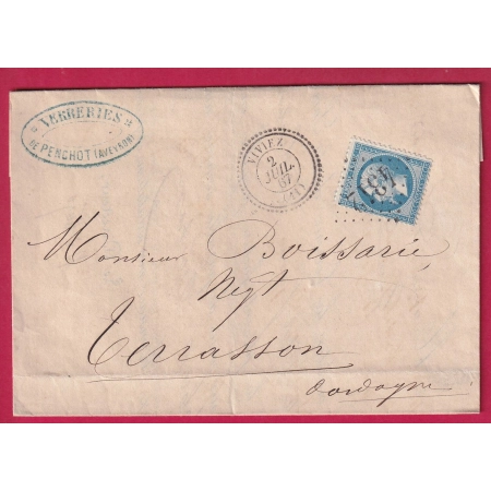 N°22 GC 4312 VIVIEZ AVEYRON CAD TYPE 22 POUR TERRASSON DORDOGNE 1867 LETTRE COVER FRANCE