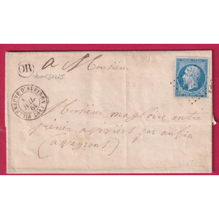 N°14 PC 3617 VILLENEUVE D'AVEYRON OR MONTSALES POUR VIVIEZ LETTRE COVER FRANCE