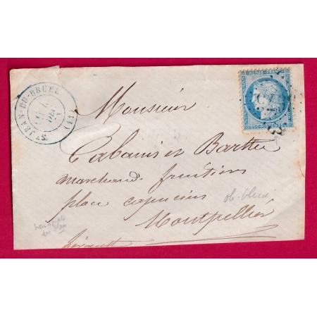 N°60 GC 3675 EN BLEU ST JEAN DU BRUEL EN BLEU AVEYRON POUR MONTPELLIER RARE NON SIGNALE DEVANT DE LETTRE COVER FRANCE