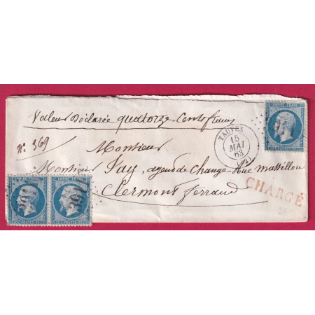 N°22 GC 3911 TAUVES PUY DE DOME LETTRE CHARGE POUR CLERMONT LETTRE COVER FRANCE