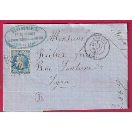 N°29 GC 79 AMBERT PUY DE DOME BOITE RURALE B CHAMPETIERES POUR LYON LETTRE COVER FRANCE