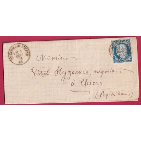 N°60 CA TYPE 16 ST GERMAIN L'HERM PUY DE DOME 1ER SEPTEMBRE 1876 POUR THIERS LETTRE COVER FRANCE