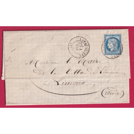 N°60 CAD TYPE 17 LABRUGUIERE TARN 1ER MAI 1876 POUR LIMOUX AUDE LETTRE COVER FRANCE