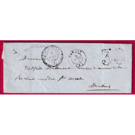 CAD TYPE 22 COGNAT LYONNE ALLIER TAXE TAMPON 30 + CAD T15 GANNAT BOITE RURALE A LA CHAISE INDICE 14 1854 LETTRE FRANCE